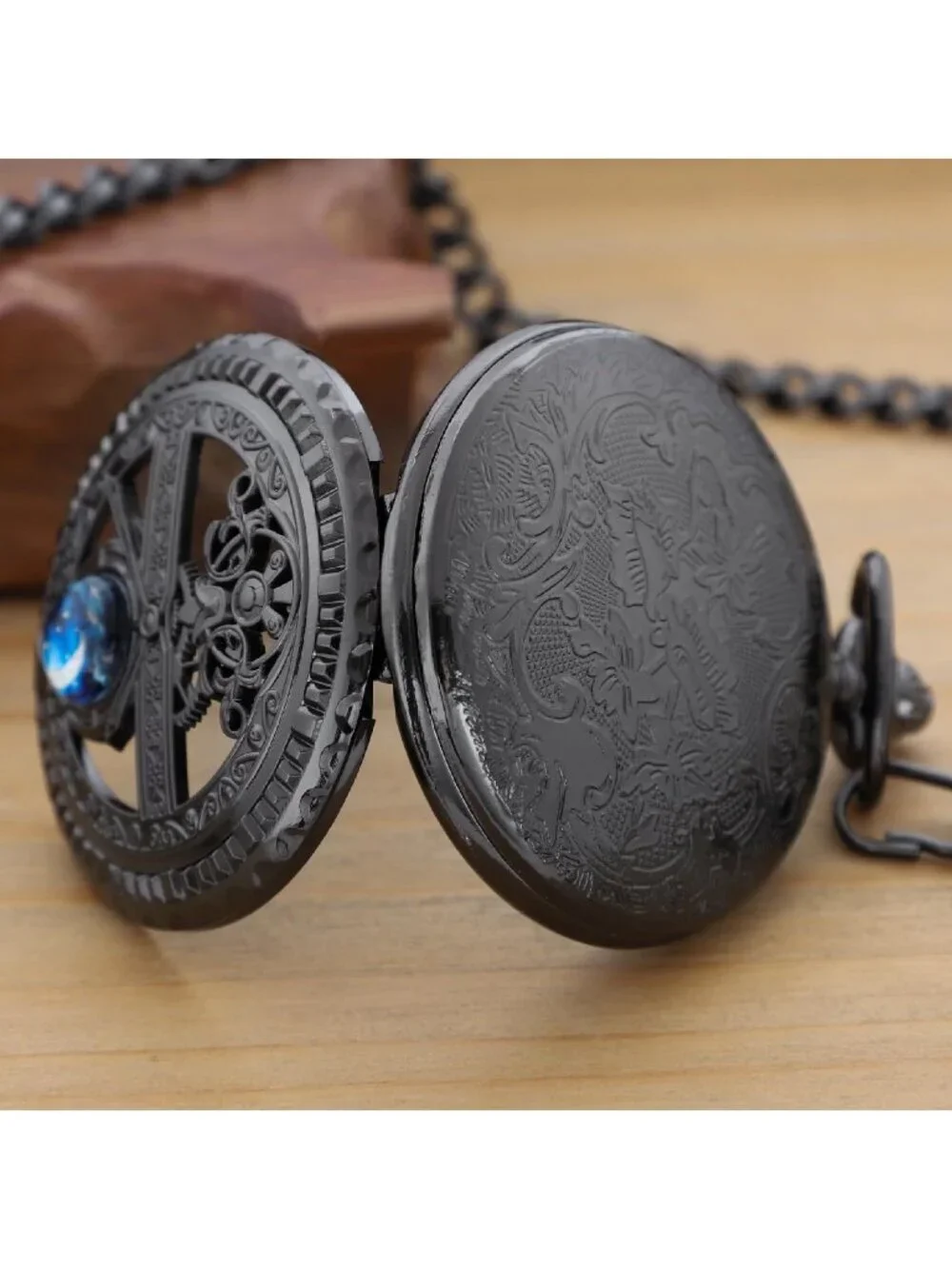 Men's All Black Analog Quartz Arabic Numeral Moon Phase Chain Dial Pocket Watch